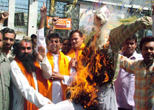 Activists of the All India Shiv Sena burn an effigy of civil aviation minister Praful Patel in Amritsar on Sunday