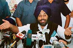 Acting SAD president Sukhbir Singh Badal addresses a press conference at Bhai Gurdas Hall in Amritsar on Monday. 