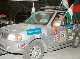 The first car of the SAARC rally enters the UT Guest House in Chandigarh on Tuesday evening.