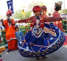 Folk artiste performs at the inauguration of the Oasis Kraft Mela, Uchana, Karnal, on Wednesday.