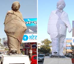 The statue of late Chief Minister Beant Singh which was covered with hessian cloth in December. The cloth was removed either by some mischievous elements or because of vagaries of weather; and NOW: The statue has been covered with white cloth.