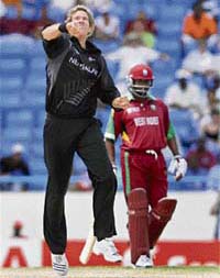 New Zealands Jacob Oram celebrates after dismissing West Indies Chris Gayle during their World Cup Super Eight match in St. Johns