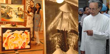 Gaurika Miglani explains her painting (Left); Artist Imroz has a round of the 73rd All India exhibition of arts organised by the Indian Accademy of Fine Arts at Amritsar. 