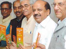 President of BJPs Delhi unit Dr Harsh Vardhan releasing the party manifesto for MCD polls along with senior leaders Vijay Kumar Malhotra, Om Prakash Kohli, Vijay Goel and Lal Bihari Tiwari at a press conference in the Capital on Friday