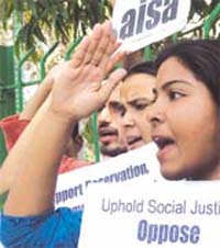 JNU students under the banner of AISA protesting against the Supreme Court stay on the Central governments decision on reservation for OBCs