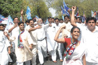 Activists of Lok Jan Shakti Party shouting slogans in protest against the Supreme Court's stay on 27% OBC reservation in elite institutes. 