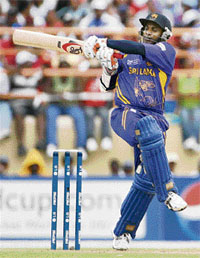 Sri Lankas Sanath Jayasuriya plays a shot against The West Indies during their Super Eight match in Georgetown on Sunday.