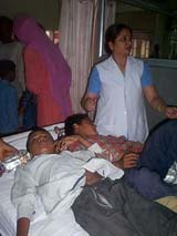 Students of Govt Primary School, Kailram, Kaithal, in the Civil Hospital on Monday