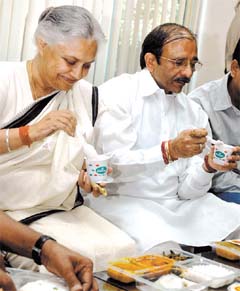 Delhi Chief Minister Sheila Dikshit and DPCC president Ram Babu Sharma after addressing a press conference in the Capital on Tuesday