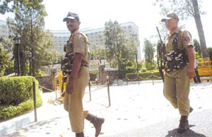 Security personnel keeping vigil outside a hotel where some of the heads of State who have come for the 14th SAARC Summit in New Delhi have been lodged
