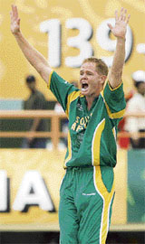 South Africas Shaun Pollock successfully appeals for lbw against Irelands Jeremy Bray during their Super Eight match in Georgetown.