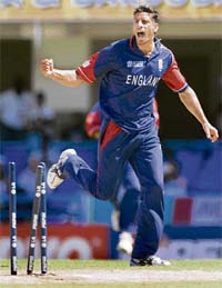 Englands Sajid Mahmood celebrates after taking the wicket of Sri Lankas Sanath Jayasuriya during their World Cup Super Eight match in St Johns