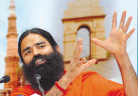 Baba Ramdev addressing a press conference in the Capital on Friday.