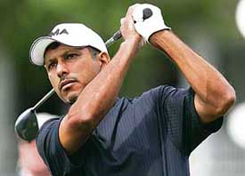 Jeev Milkha Singh plays a drive on the 10th hole during the first round of the US Masters tournament at the Augusta National Golf Club in Georgia on Thursday.