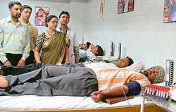 Volunteers donate blood during a camp held at the DMCH in Ludhiana