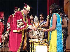 Prof R. S. Dhankar, Vice-Chancellor, MDU, Rohtak, lights the traditional lamp at the convocation of the BRCM College of Engineering and Technology at Bahal in Bhiwani district on Monda
