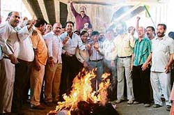 BJP workers burn an effigy of the Uttar Pradesh Chief Minister Mulayam Singh Yadav to protest against the registration of an FIR against party president Rajnath Singh.