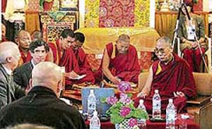 The Dalai Lama and other dignitaries at the 14th mind and liffe conference being organised at McLeodganj in Dharamsala on Tuesday
