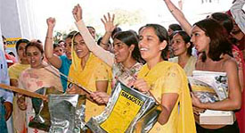 Members of the Punjabi University Students Confederation stage a peepa march in support of their demands on the university campus in Patiala