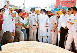 Chief Minister Parkash Singh Badal launches the procurement of wheat by holding auction at the Khanna grain market.