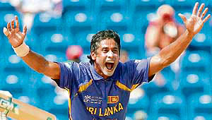 Sri Lankas Chaminda Vaas successfully appeals against New Zealand captain Stephen Fleming during their Super Eight match at the Grenada National Stadium in Saint Georges.
