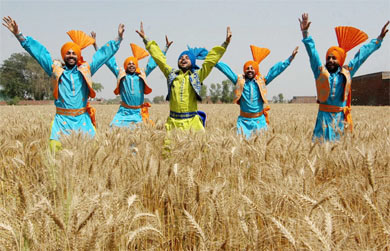 Farmers celebrating Baisakhi with traditional bhangra in Amritsar.