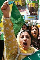 Activists of Pakistani political opposition parties chant slogans during an anti-government rally against the suspension of Chief Justice Iftikhar Chaudhry in front of the Supreme Court in Islamabad on Friday.