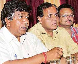 BJP vice-president Gian Chand Gupta (extreme left) addresses a press conference in Sector 5, Panchkula, on Saturday.