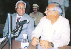 Haryana Governor Dr A. R. Kidwai and the Chief Minister Mr Bhupinder Singh Hooda attending a memorial lecture at India International Centre in the Capital