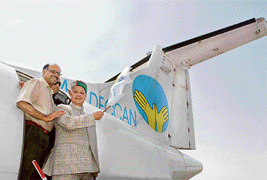 Chief Minister Virbhadra Singh and Capt GR Gopinath, MD, Air Deccan, flag off the first Air Deccan flight from Shimla airport on Saturday.
