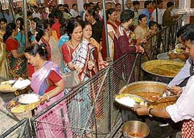 Mahabhog being served on the occasion of ‘Partishtha Divas’ at Kalibari Mandir in Sector 47, Chandigarh