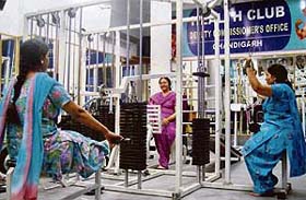 Women employees work out at a mini gymnasium at the DC’s office in Sector 17, Chandigarh