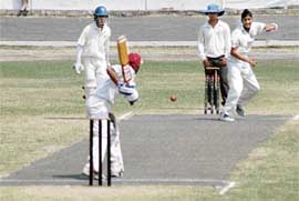 A match in progress on the concluding day of the Dhruv Pandove Memorial Cricket Tournament at Yadvindra Stadium in Patiala on Sunday.