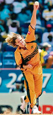 Nathan Bracken of Australia in action during a World Cup Super Eight match against Sri Lanka in St Georges.
