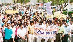 Activists of the Bharatiya Valmiki Dharm Samaj take out a procession against a television news channel in Ludhiana