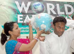 Eminent dancers Raja and Radha promoting the World Earth Day run to be started from DPS, Mathura Road on Sunday, at a press conference in the Capital