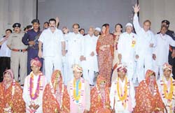Some of the couples after the marriage ceremony at a function, organised by Adi Gaur Brahmin Samaj at MCF Auditorium in Faridabad