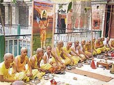 The yagyopavit sanskar ceremony for 32 youths in progress at historic Jangam Bagh in Sundernagar on the occasion of Parshuram Jayanti on Thursday. The Brahmin Sabha organises this ceremony every year on the occasion of Parshuram Jayant