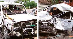 The mangled remains of the cars that were involved in an accident near Mullanpur Dakha in which a couple from Ludhiana