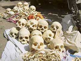 Human skulls and bones are seen inside a police station in Burdwan town, 200 km north of Kolkata, on Monday.
