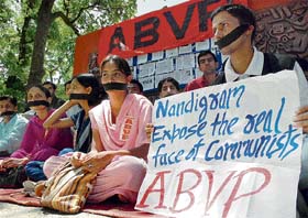 ABVP members sitting in dharna on the HPU campus in Shimla