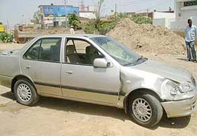 The damaged car of Anjali Bansal, wife of Ambala cantt MLA Davinder Bansal