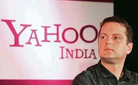 Co-founder of Yahoo! David Filo gestures as he addresses a press conference in Bangalore on Wednesday. Yahoo! assigned a bigger role to Indian unit in a global revamp as it prepares to take on US rival America Online.