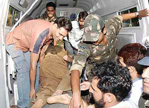 One of the critically injured in the bus accident at Poonch being shifted to a hospital in Jammu after being airlifted on Wednesday.