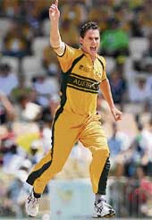 Australias Shaun Tait celebrates the wicket of South Africas AB de Villiers during a World Cup semifinal match in St Lucia on Wednesday.