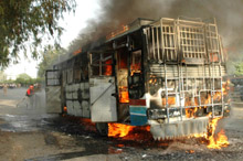 The Hoshiarpur-bound private bus which was reduced to ashes near Lyallpur Khalsa College in Jalandhar on Saturday.