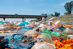 The Tawi strewn with polythene bags at Jammu. 