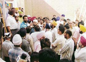 Devotees protest against the alleged damage to a gurdwara in Ludhiana