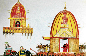 The Rath Yatra of 1822, with the Jagannatha procession showing a British couple on an elephant following a crowd of pilgrims.