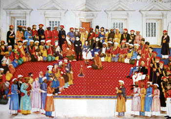 Begum Samrus household. The elderly Begum holding a huqqa is surrounded by a group of about eighty courtiers.